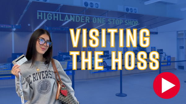 A student stands in the Highlander One-Stop Shop holding her R'Card and the title "Visiting the HOSS" is layered over the screen with a play button that leads to a video.